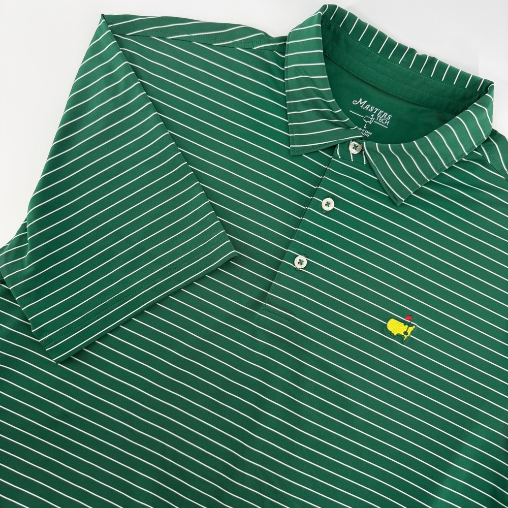 Masters Tech Polo Shirt Mens Large Green Striped Performance Golf Augusta Logo